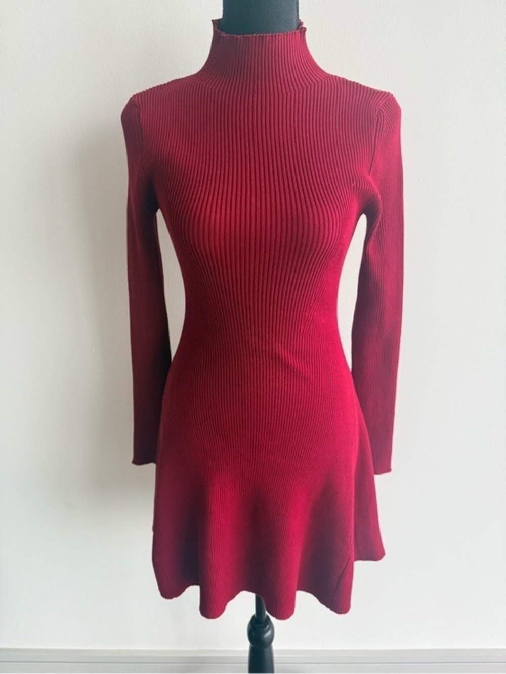 Ribbed Mock Neck Long Sleeve Mini Sweater Dress - Burgundy